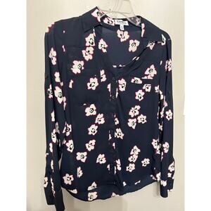 EXPRESS PORTOFINO DARK NAVY BLUE FUCHSIA FLORAL BLUE TOP BUTTON UP EUC XS